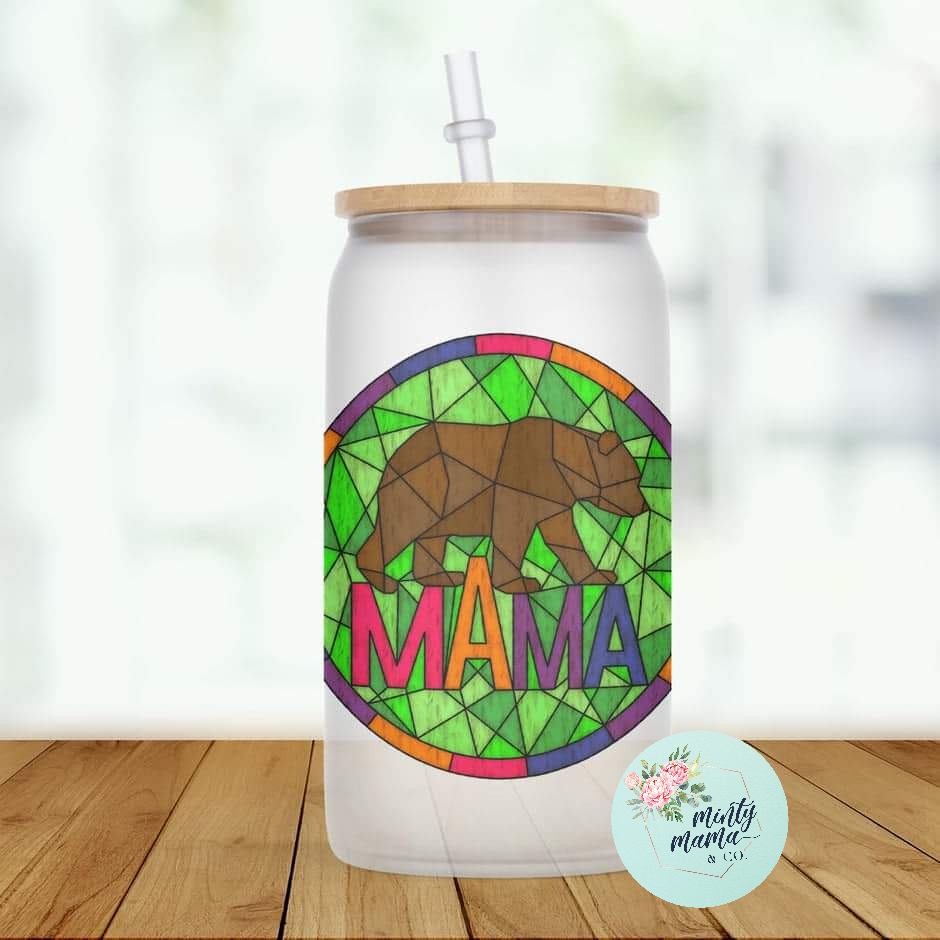 Glass Can Tumbler:: Faux Stained Glass Mosaic- Mama Bear