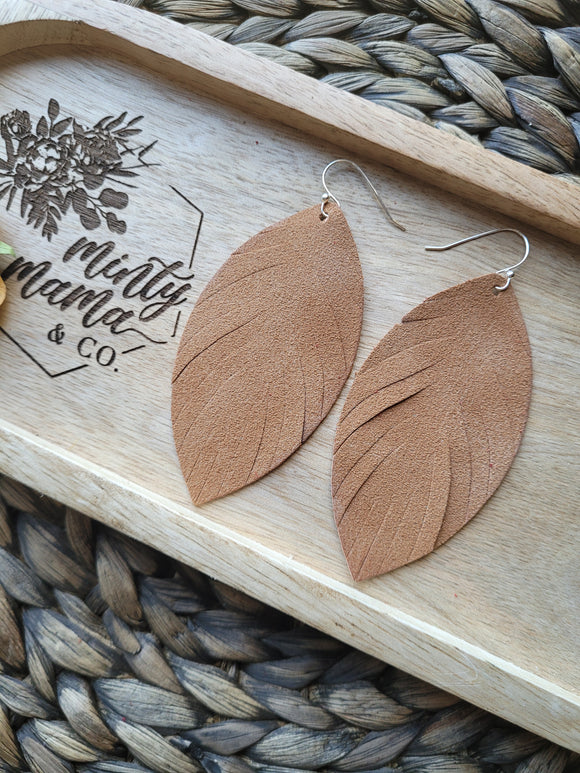 Feather Dangle Earrings:: Tan Suede