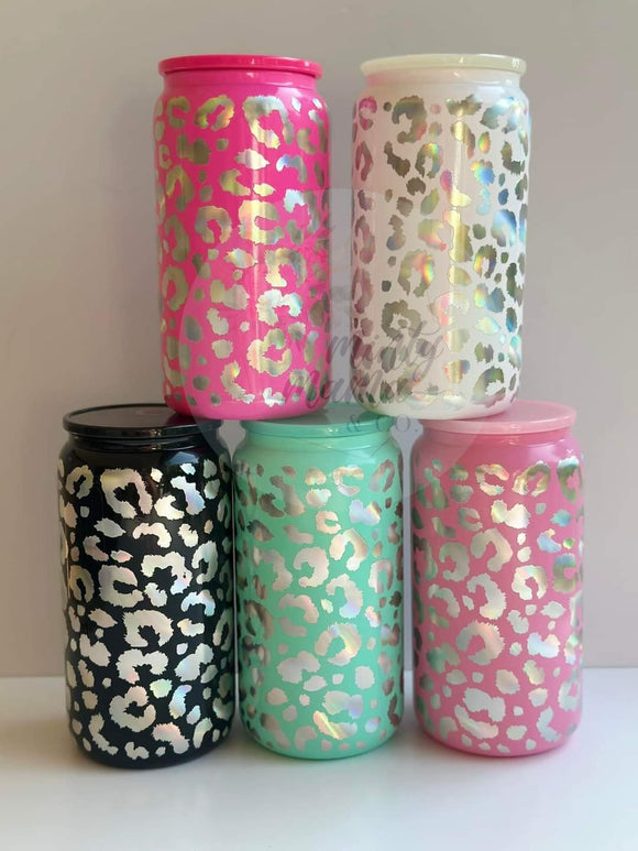 Glass Can Tumbler:: Holographic Leopard