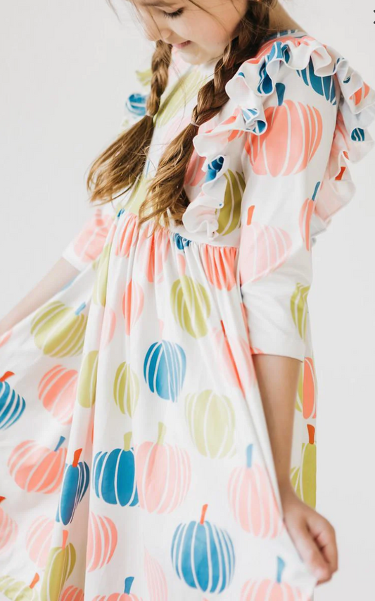 *SALE* 3/4 Sleeve Ruffle Twirl Dress:: Pumpkin Wishes