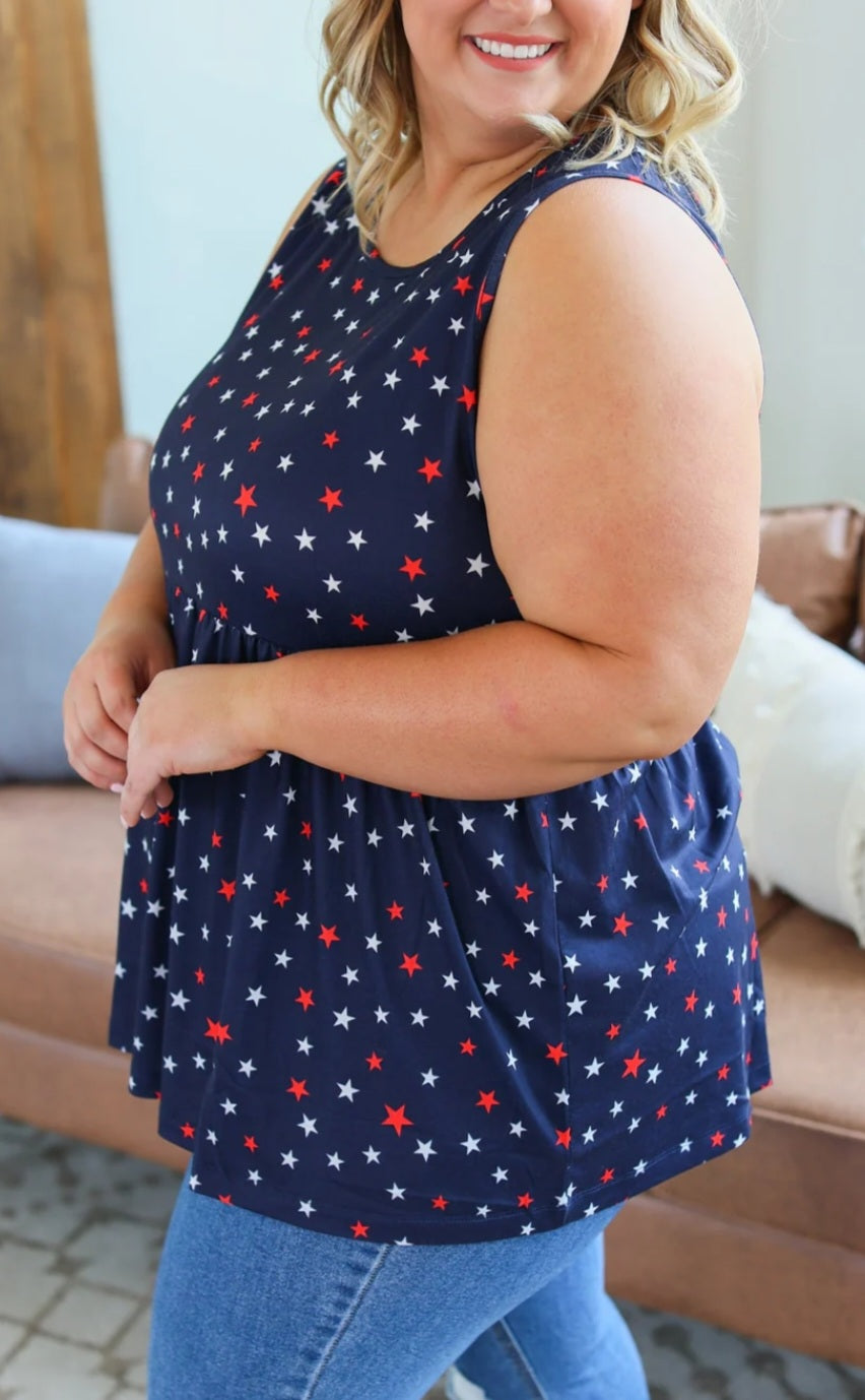 RTS- *SALE* Ruffle Tank:: R W & Stars