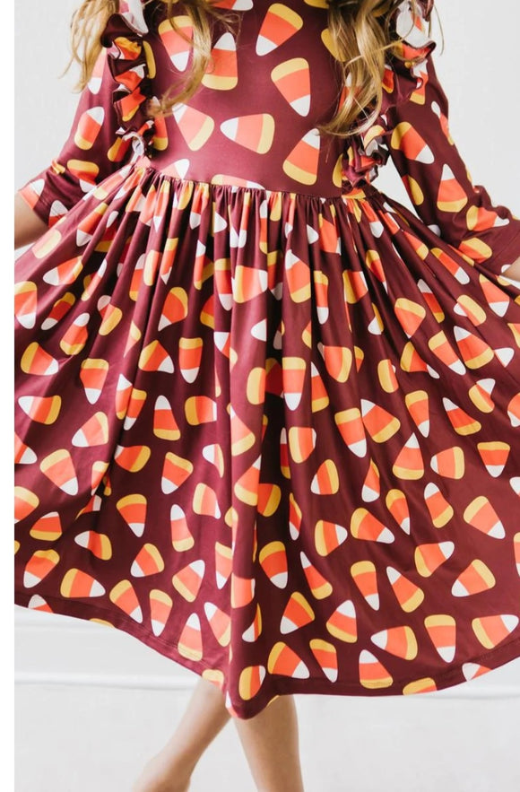 SALE RTS:: 3/4 Sleeve Ruffle Twirl Dress:: Candy Corn