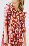 SALE RTS:: 3/4 Sleeve Ruffle Twirl Dress:: Candy Corn