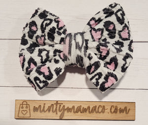 Braided Knit Fabric Bow:: Pink & Black Leopard Hearts