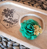 Faux Floral:: Kelly Green & Gold- Clip or Nylon choice