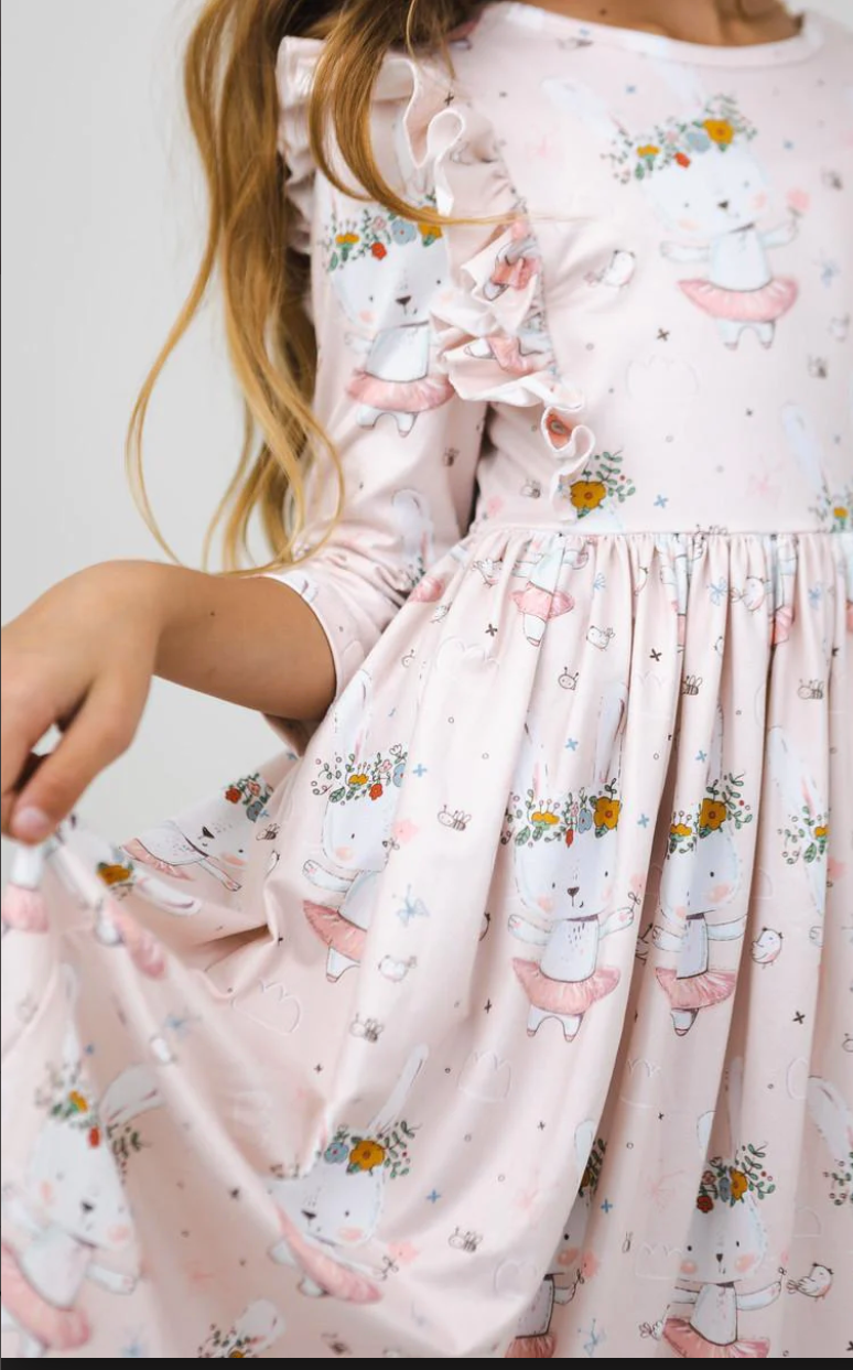 *SALE* 3/4 Sleeve Ruffle Twirl Dress:: Floral Bunny-RTS