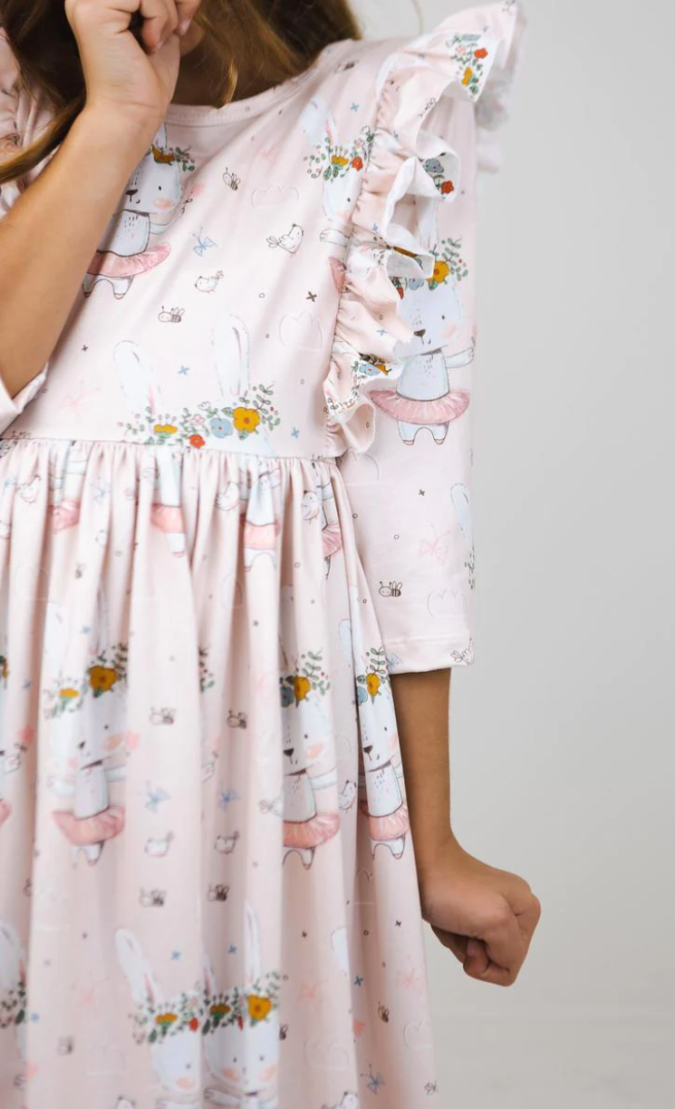 *SALE* 3/4 Sleeve Ruffle Twirl Dress:: Floral Bunny-RTS