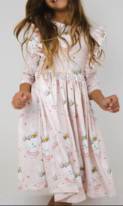 *SALE* 3/4 Sleeve Ruffle Twirl Dress:: Floral Bunny-RTS