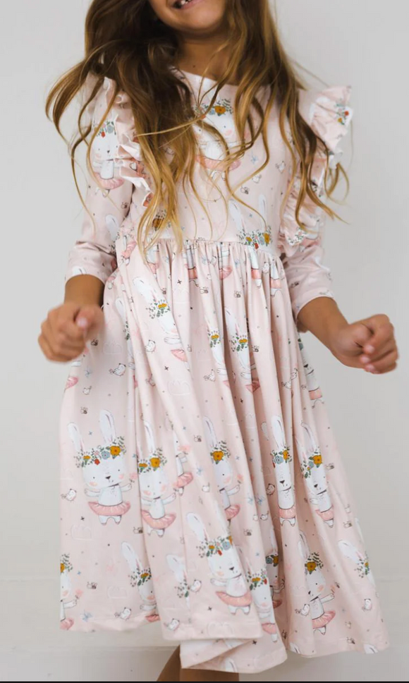 *SALE* 3/4 Sleeve Ruffle Twirl Dress:: Floral Bunny-RTS