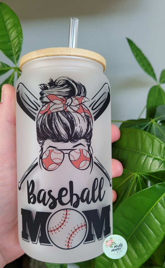 Glass Can Tumbler:: Baseball Mama