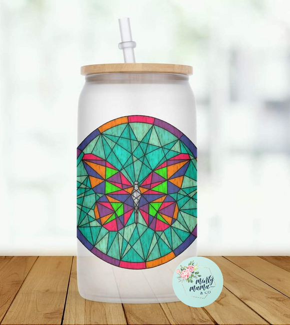 Glass Can Tumbler:: Faux Stained Glass Mosaic- Butterfly