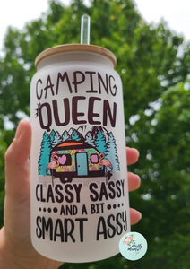 Glass Can Tumbler:: Camping Queen