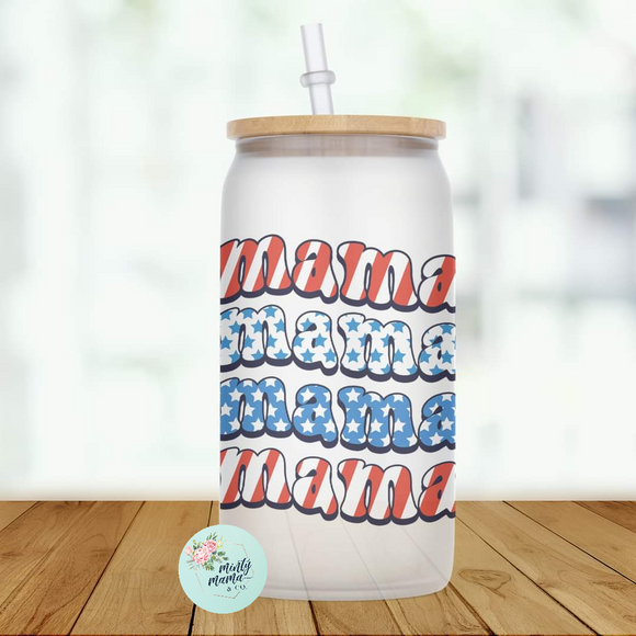 Glass Can Tumbler:: Patriotic Mama