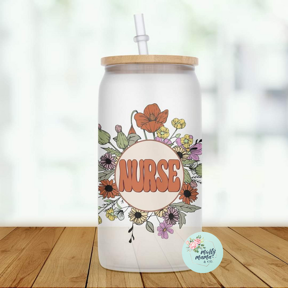 Glass Can Tumbler:: Floral Nurse