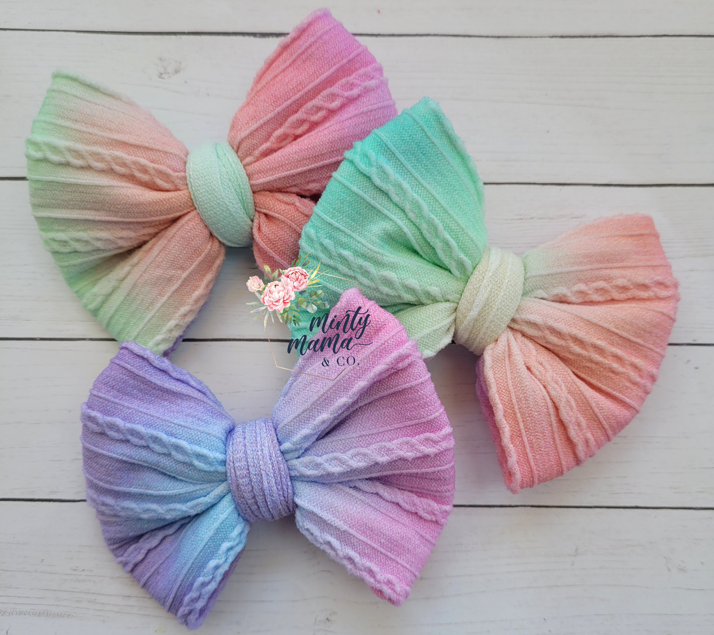 Braided Knit Fabric Bow:: Pastel Rainbow