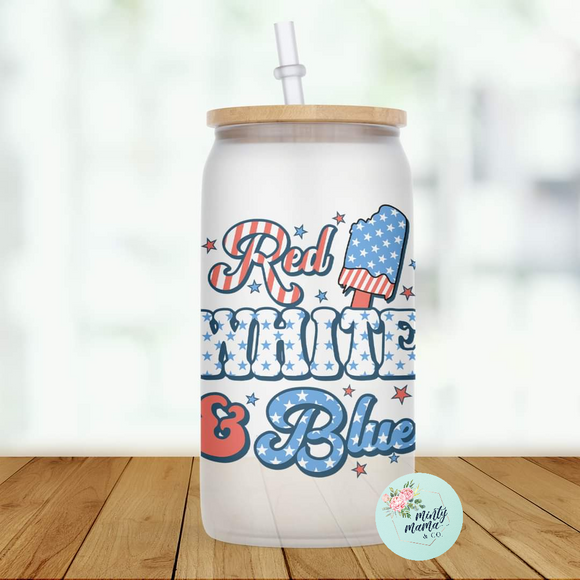 Glass Can Tumbler:: Red, White, Blue