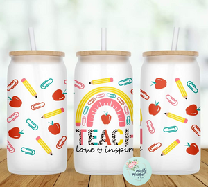 Glass Can Tumbler:: Teach Love Inspire