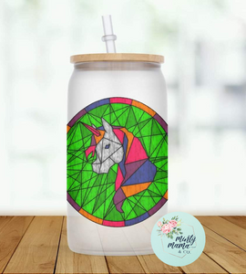 Glass Can Tumbler:: Faux Stained Glass Mosaic- Unicorn