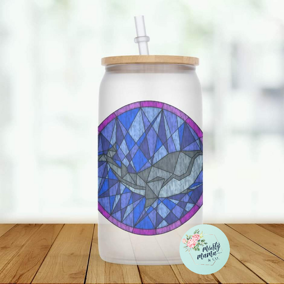 Glass Can Tumbler:: Faux Stained Glass Mosaic- Whale